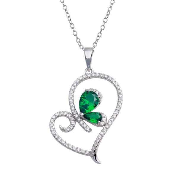 Rhodium Plated 925 Sterling Silver Heart Pendant Necklace with Green CZ